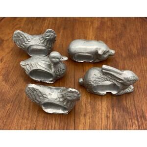 Vintage Metal Farm Animal Napkin Rings Rabbit Duck Pig and Two Hens Set of 5